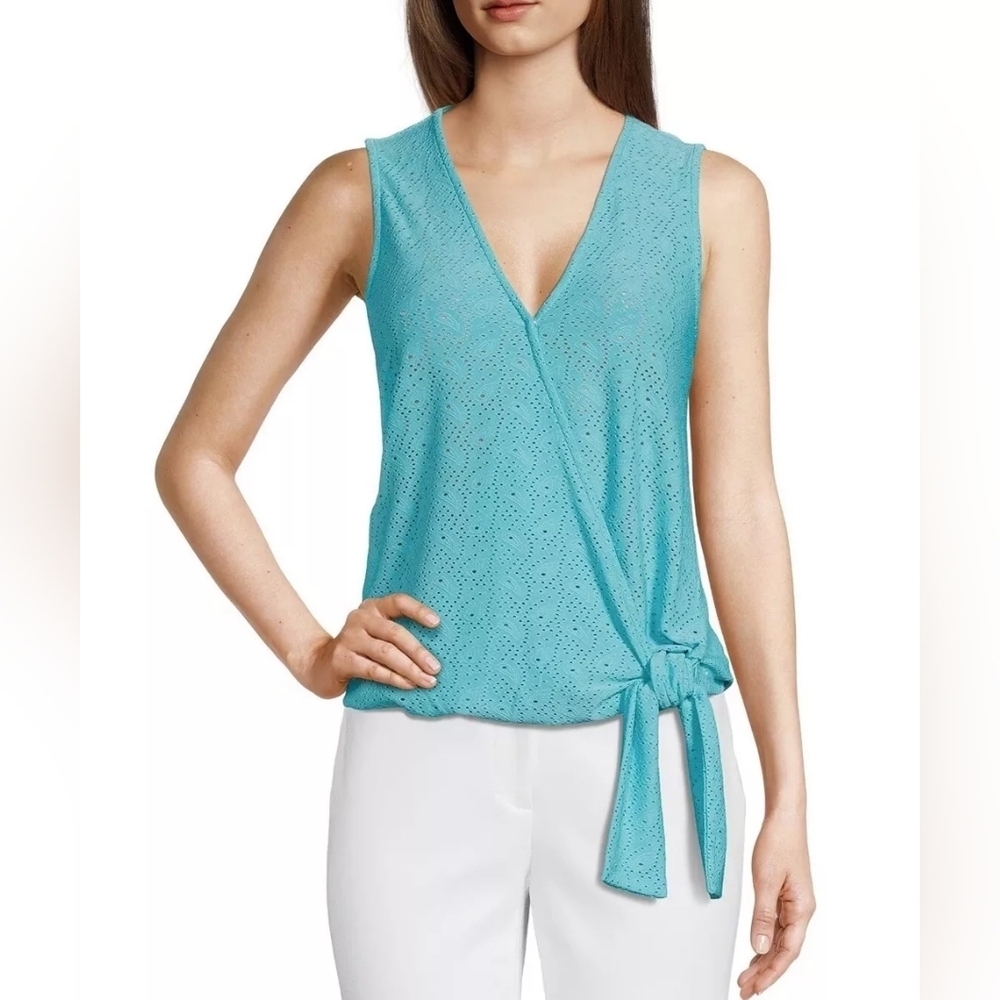 Michael Kors Top Eyelet Stretch Faux Wrap Sleeveless Size M